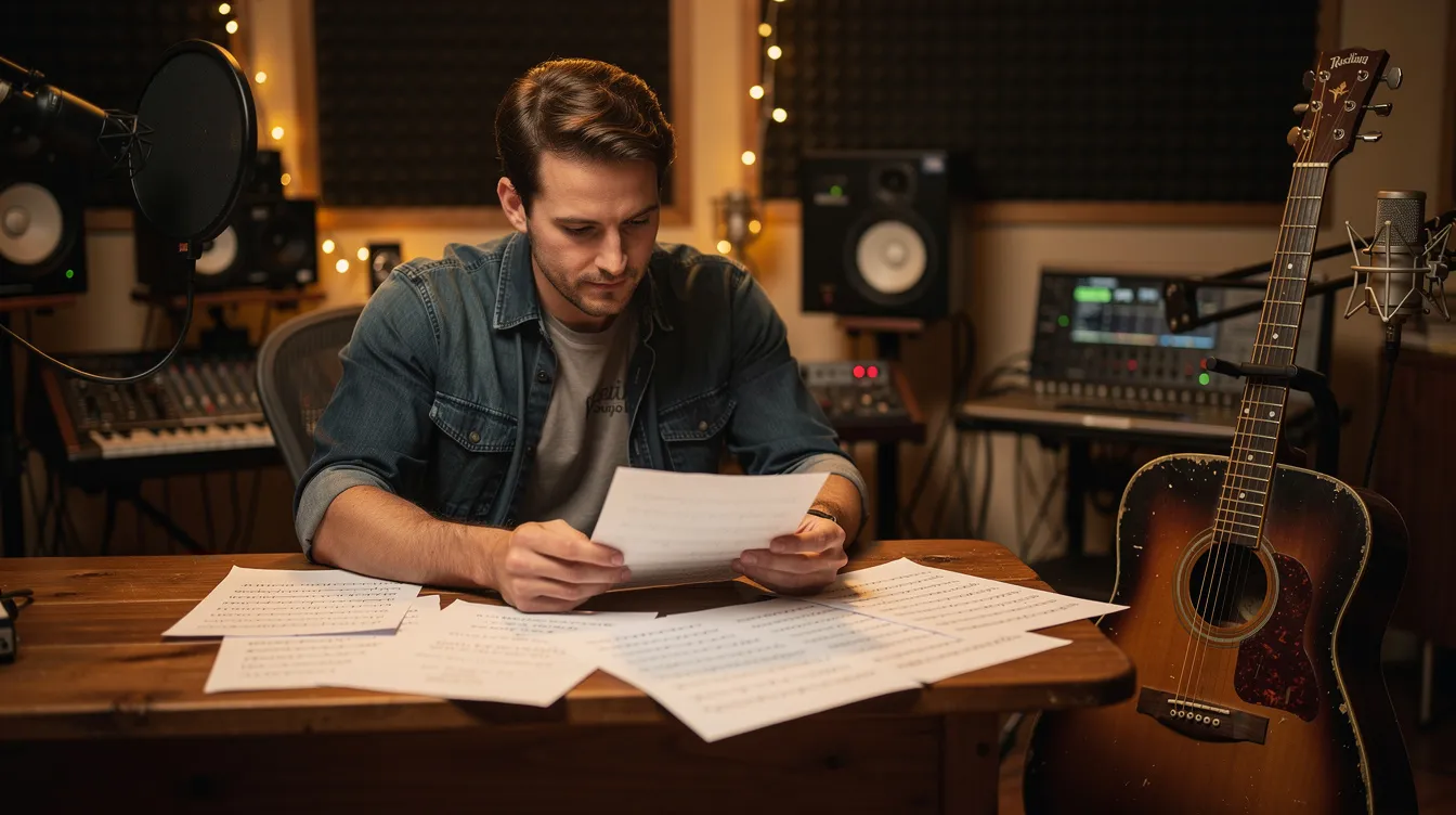 A musician is seated at a table in a studio, reviewing legal papers related to their music career, with a guitar resting beside them. This scene highlights the intersection of the music industry and entertainment law, emphasizing the importance of intellectual property protection for recording artists and songwriters.
