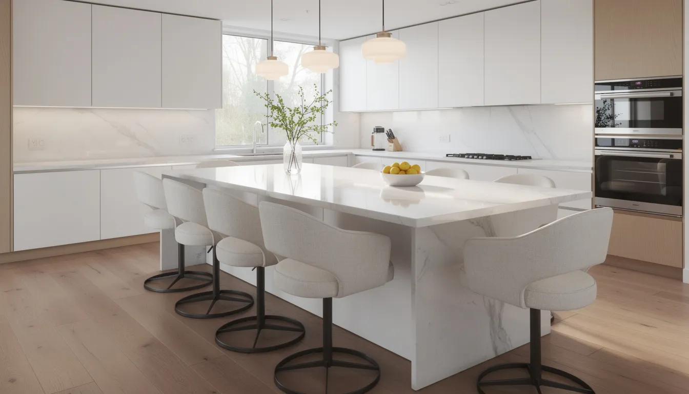 A modern kitchen features upholstered swivel chairs arranged around a stylish white marble kitchen island, creating a comfortable dining area ideal for enjoying meals and engaging in conversation with guests. The design emphasizes practicality and extra comfort, making it perfect for smaller spaces.