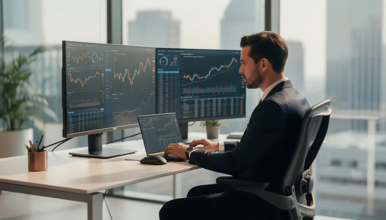 A professional is seated in a modern office, intently reviewing financial data displayed across multiple monitors, likely focusing on retirement planning strategies and investment risks to help clients achieve their retirement goals. The workspace is organized and equipped with various tools for financial analysis, emphasizing the importance of personalized support in securing a stable retirement income.