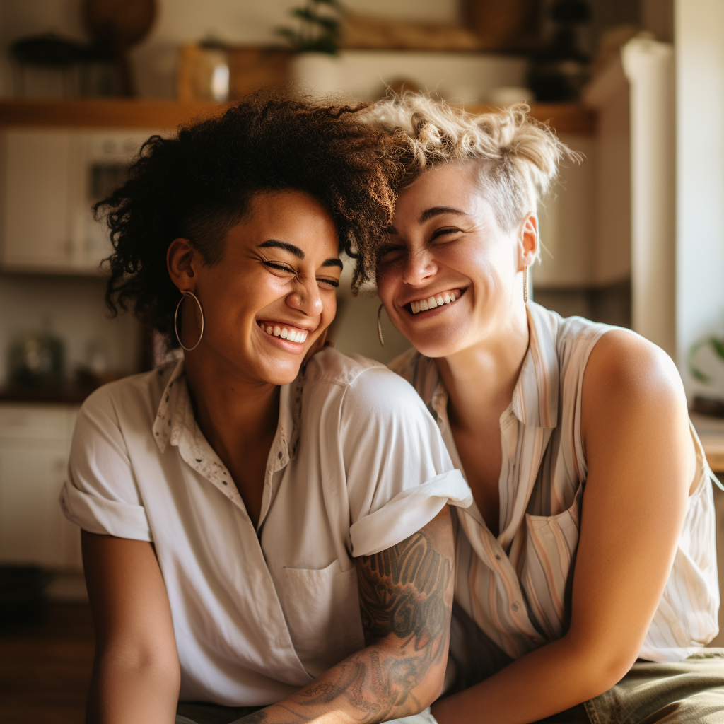 An image of a same-sex couple smiling and comfortably seated on a kitchen counter.
