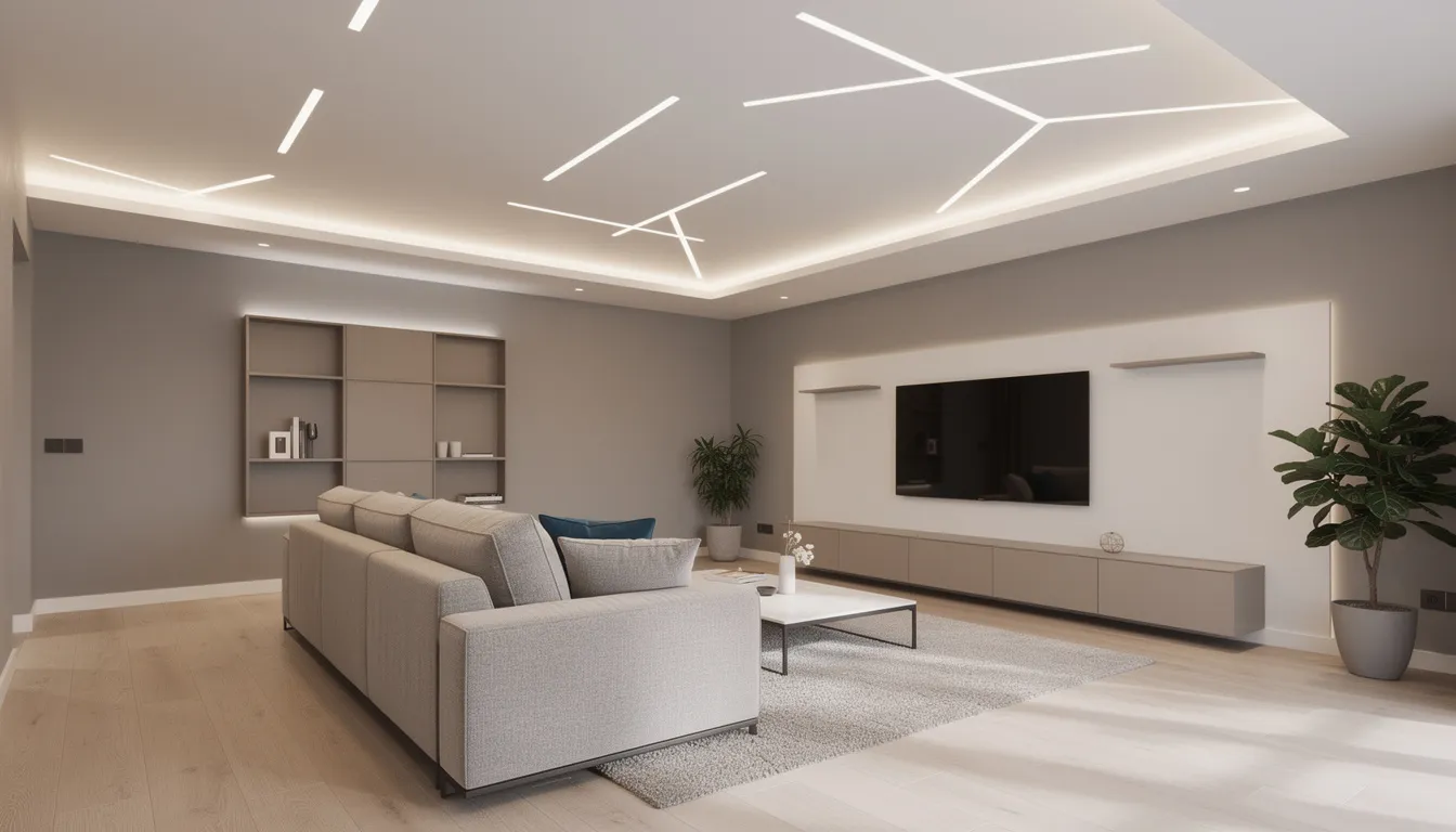 The image showcases a modern stretch ceiling equipped with integrated LED lighting, enhancing the ambiance of a renovated basement living space. This stylish design element not only contributes to energy efficiency but also aligns with the highest safety standards, making it an appealing feature for home buyers considering a property inspection in Calgary.