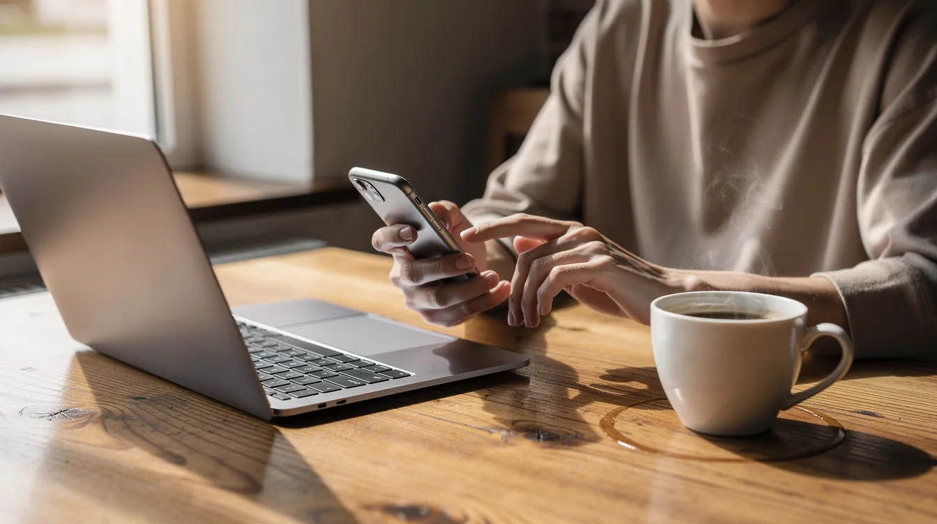 A person is checking their phone while sitting next to a laptop on a wooden desk, with a coffee cup placed nearby. This scene suggests a comfortable workspace where the individual may be managing their bank account or exploring options for international money transfers, such as those offered by SBM Bank.