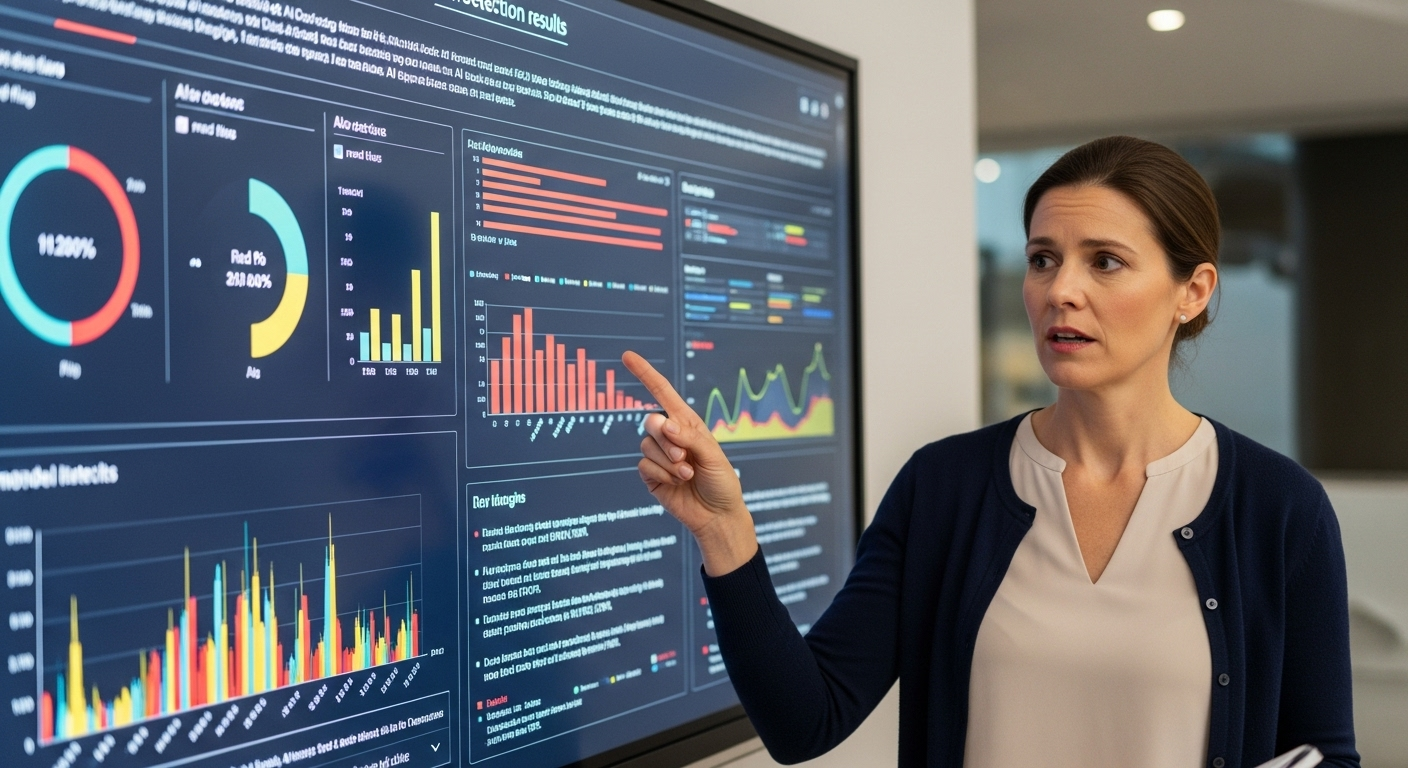 Educator questioning AI detection results displayed on a digital dashboard.