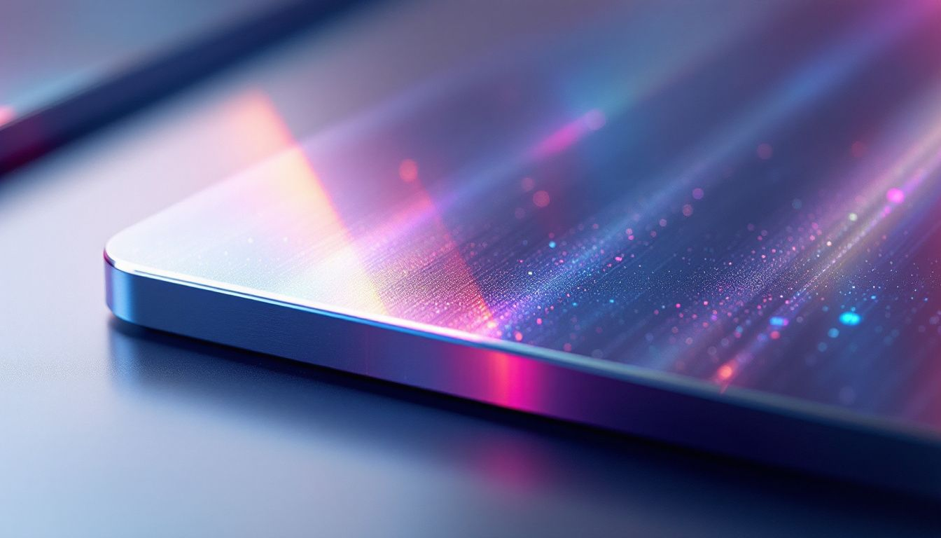 A close-up view of a titanium metal plate showcasing its shiny surface and metallic texture.