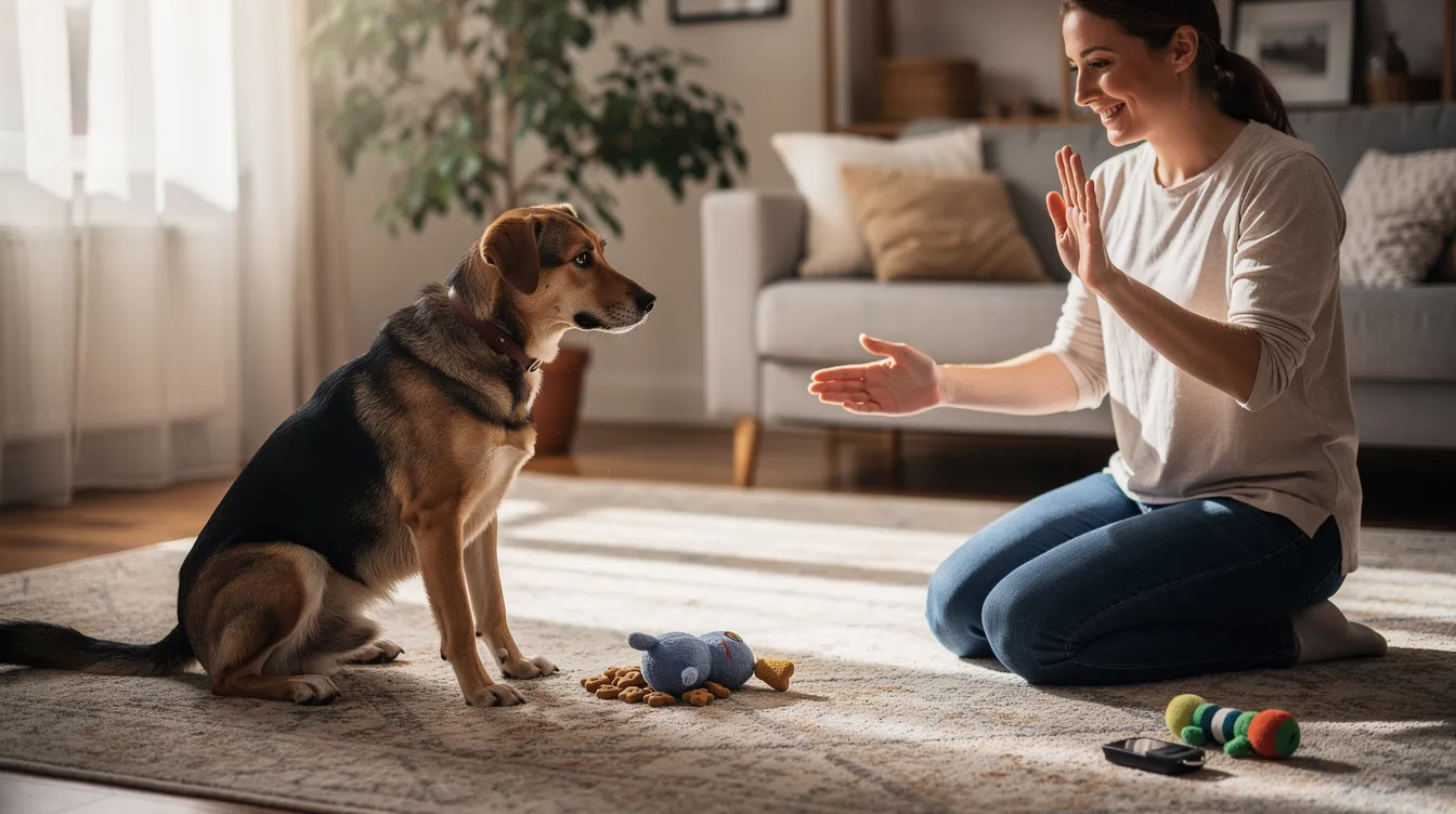The image depicts a trainer engaging in impulse control games with a dog, showcasing the dog in a "down position" while patiently waiting for a treat held in a closed fist. The setting emphasizes a calm environment, highlighting the importance of self-control training and the bond between the trainer and the dog.