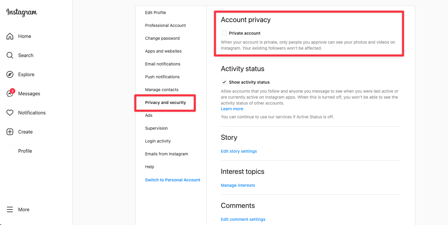 Remote.tools showing Account privacy page to switch to private account
