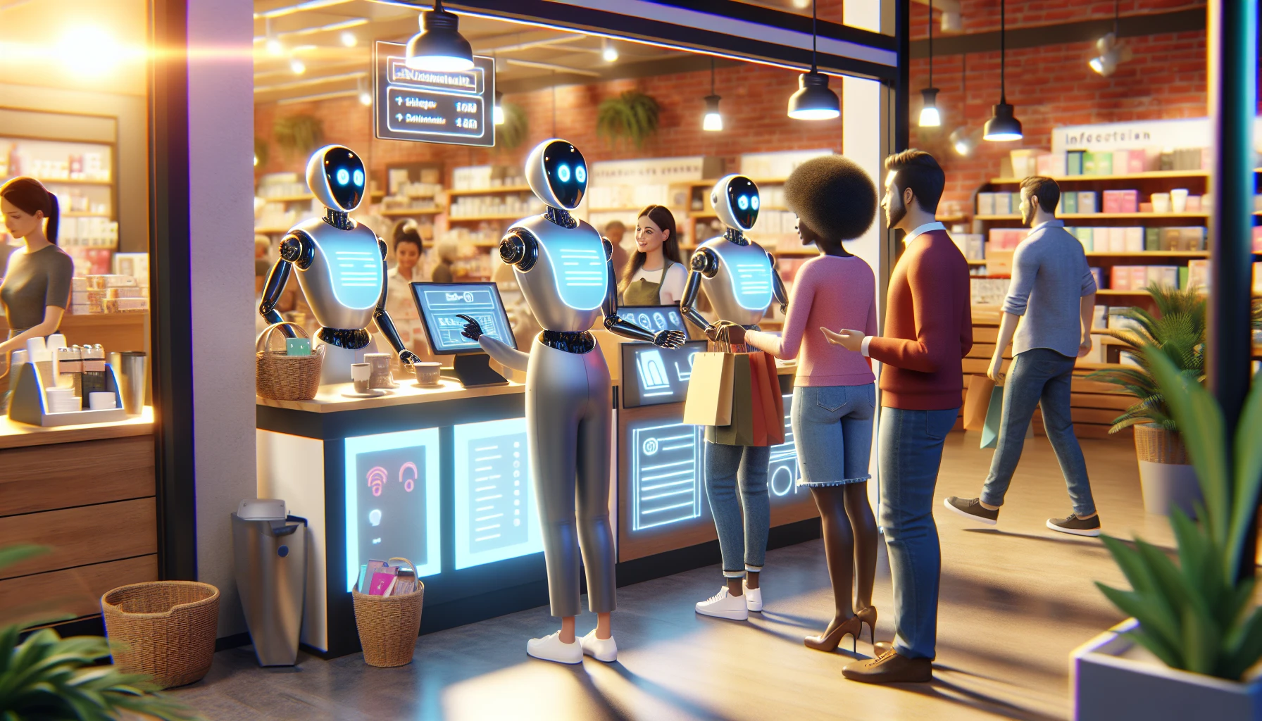 Illustration of AI-powered chatbots assisting customers in a small business setting