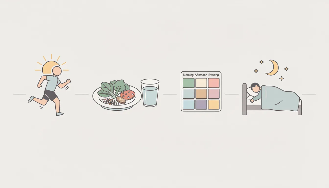 The minimalist illustration depicts a daily routine with icons representing morning exercise, healthy meals, supplement timing, and quality sleep, emphasizing the importance of mitochondrial health and cellular energy for muscle strength and endurance. This visual serves as a reminder of the essential components for healthy aging and overall well-being.