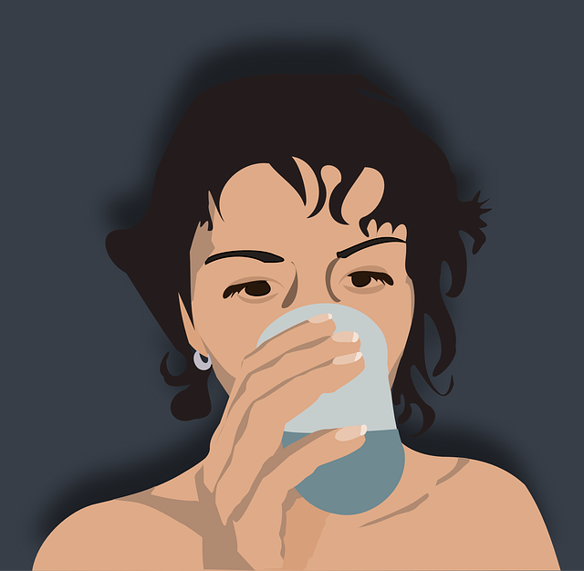 A cartoon image of a woman taking warm water into her mouth to gargle. 