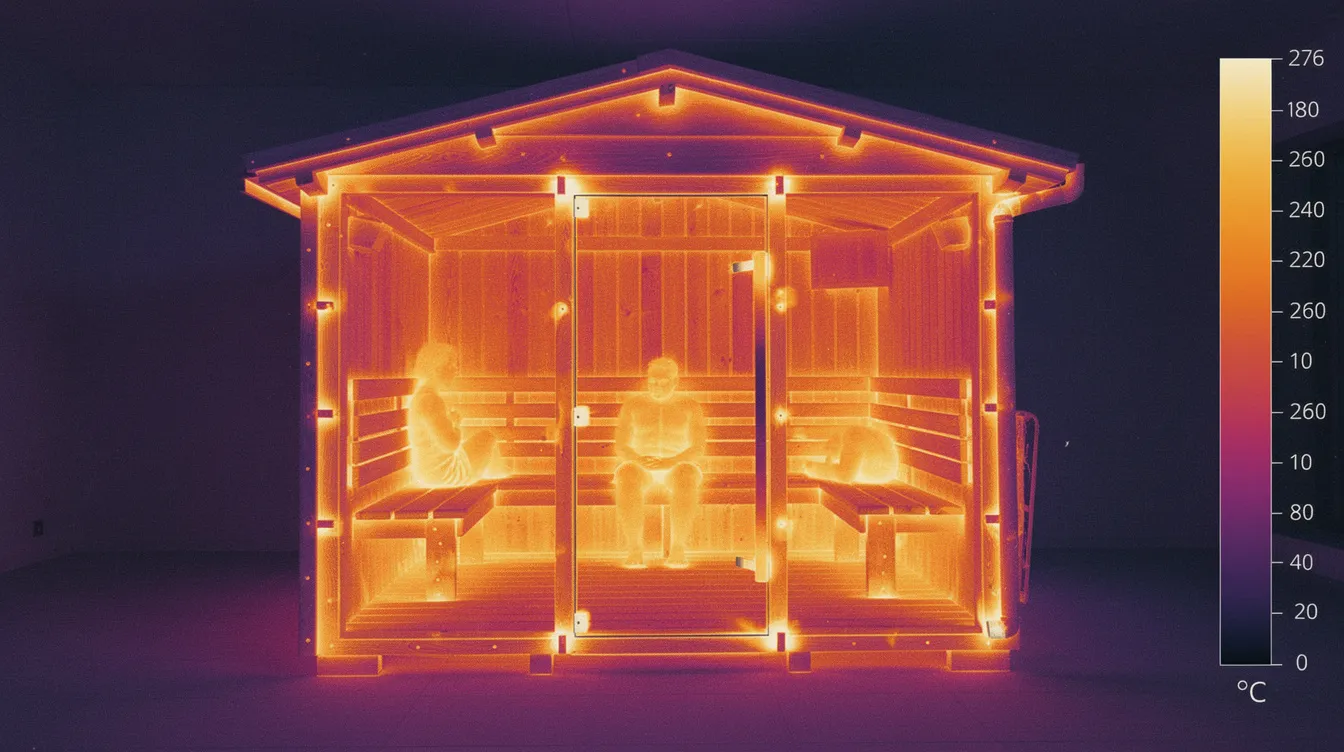 The thermal imaging camera captures heat loss patterns through the sauna walls, highlighting areas where proper insulation is crucial for optimal heat retention. This image illustrates the importance of effective sauna insulation to minimize energy waste and maintain energy efficiency for sauna owners.