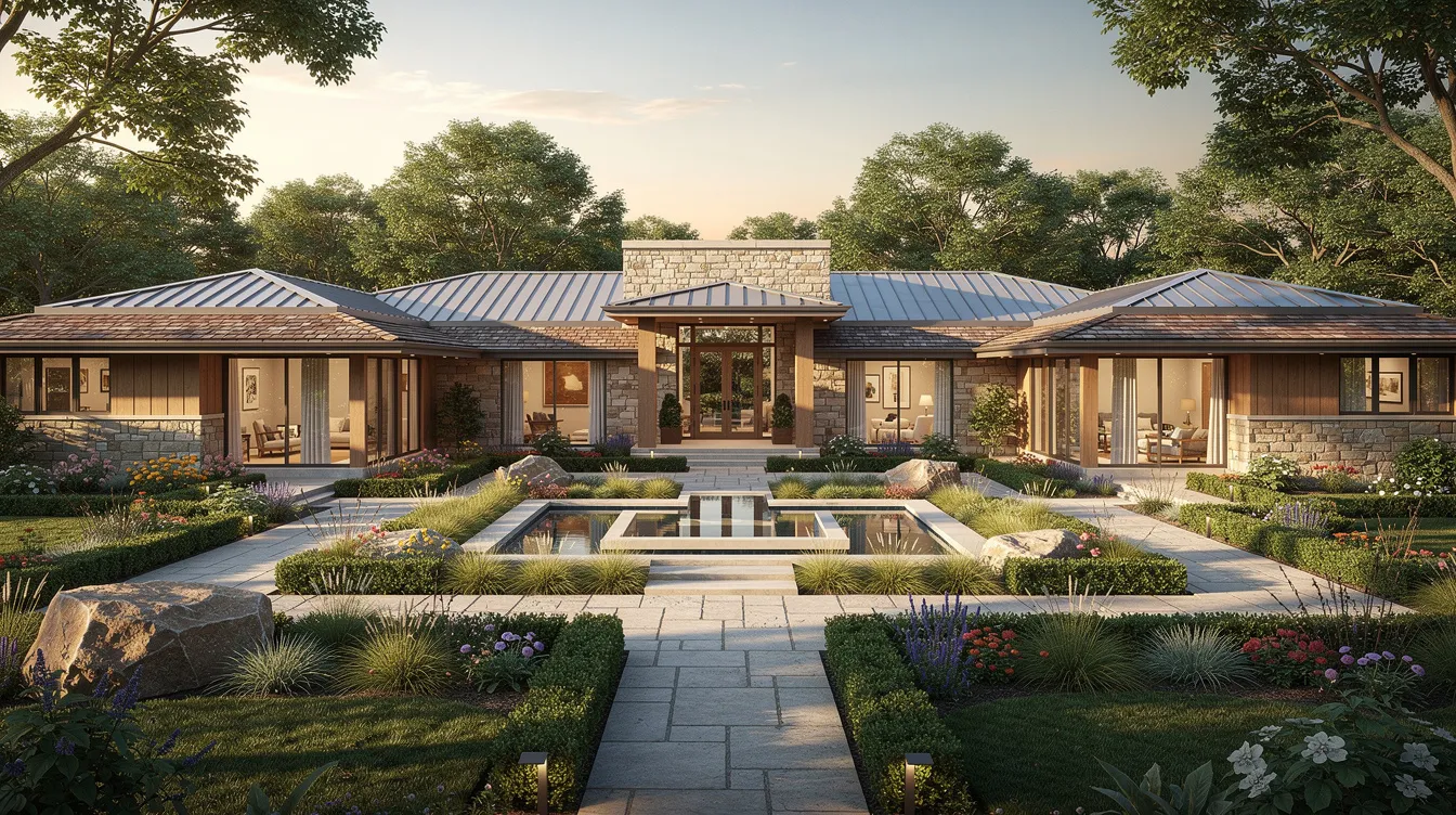 The image depicts a sprawling ranch style home featuring multiple wings and a beautifully landscaped courtyard, showcasing the timeless appeal of ranch house plans. Large windows and sliding glass doors invite natural light, creating seamless indoor-outdoor living spaces ideal for families and entertaining.