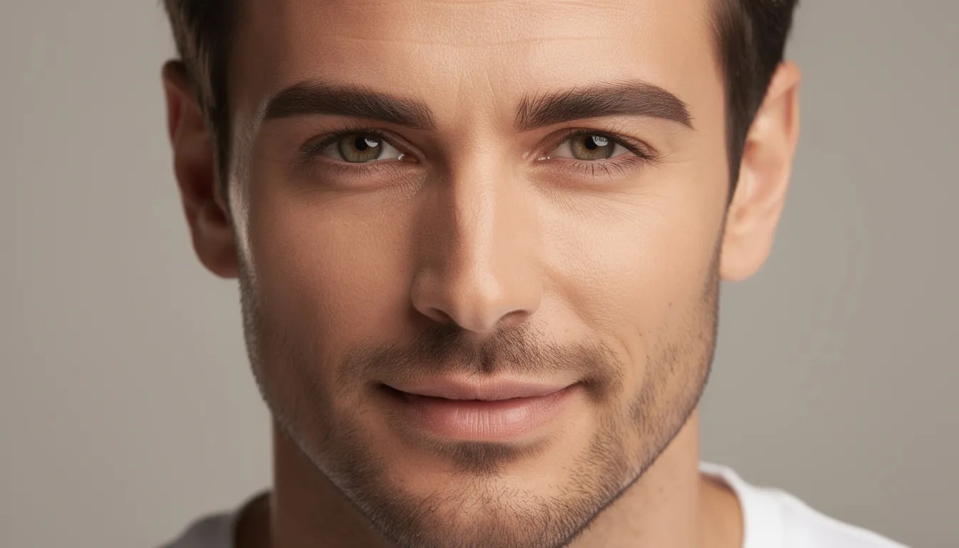 This portrait features a man with natural-looking, well-groomed eyebrows that showcase a masculine brow shape. His thick brows are styled to eliminate stray hairs, giving him a polished appearance that complements his facial features.