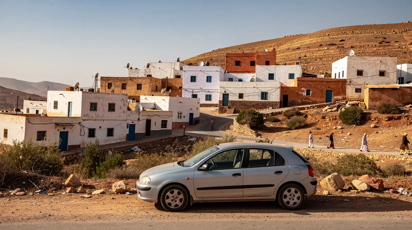 Un'auto compatta parcheggiata davanti a un villaggio di case bianche nel nord del Marocco.