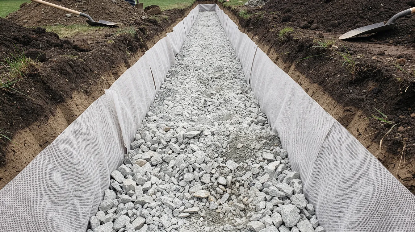 The image shows a French drain trench that is partially filled with clean washed crushed stone, neatly wrapped in geotextile fabric, which aids in drainage and erosion control. The crushed stone provides a stable surface for effective water flow, making it suitable for various construction and landscaping projects.