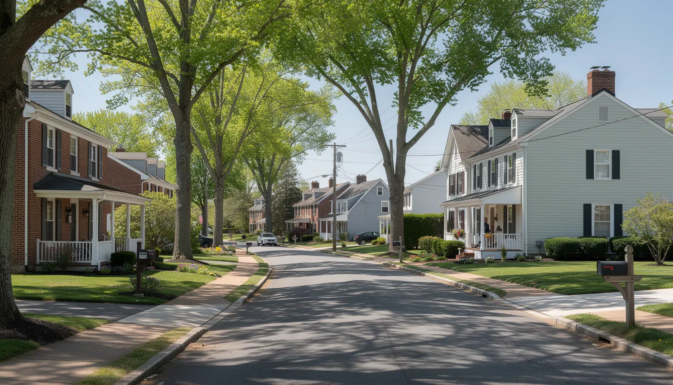 Best Delaware Home Buyers The image depicts a charming residential street in Wilmington, Delaware, lined with older colonial-style homes and mature trees, creating a picturesque neighborhood atmosphere. This setting is ideal for cash home buyers looking to purchase houses for cash or sell their house fast without hidden fees.