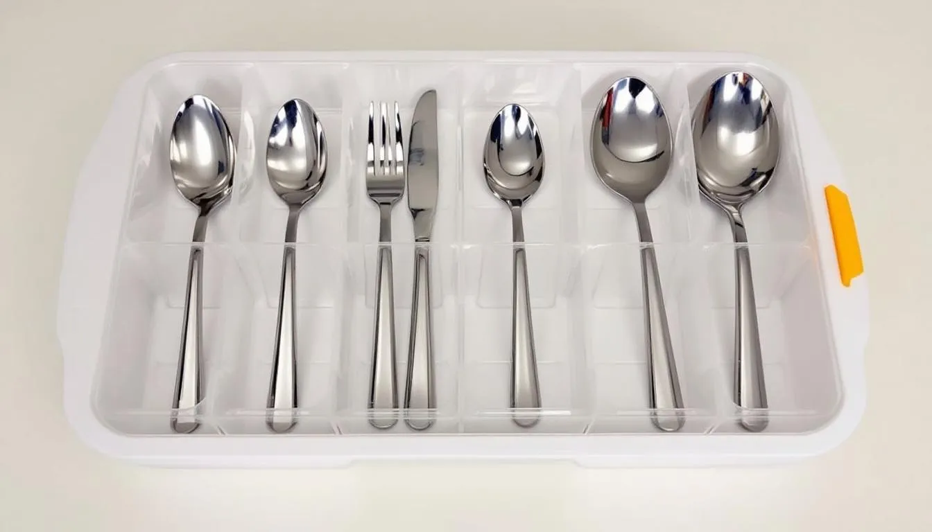 An organized storage container displays various types of spoons, including soup spoons and iced tea spoons, each separated for easy access. The durable plastic spoons feature unique designs and are suitable for dining events, making them ideal for both everyday use and parties.