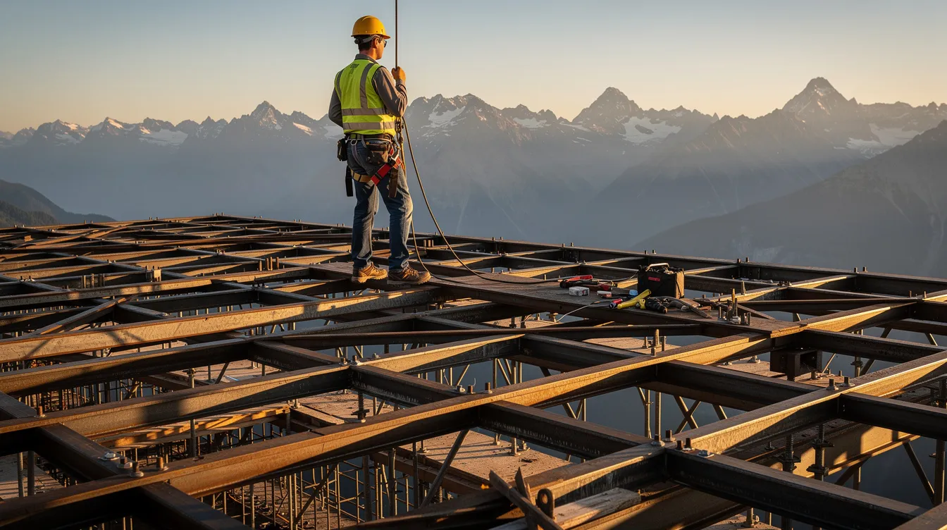 A construction worker, equipped with a hard hat and safety harness, stands confidently on steel beams of a building under construction, with majestic mountains in the background. This image highlights the high-risk nature of construction jobs, often ranked among the most dangerous occupations due to potential workplace injuries and fatal accidents.