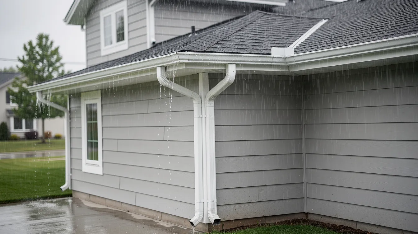 The image depicts the exterior of a residential home with gutters and downspouts actively channeling rainwater during a rainfall, highlighting the importance of proper drainage to prevent water damage and mold growth. Homeowners should be aware of the risks of water intrusion, which can lead to further damage and the need for a comprehensive water damage restoration process.