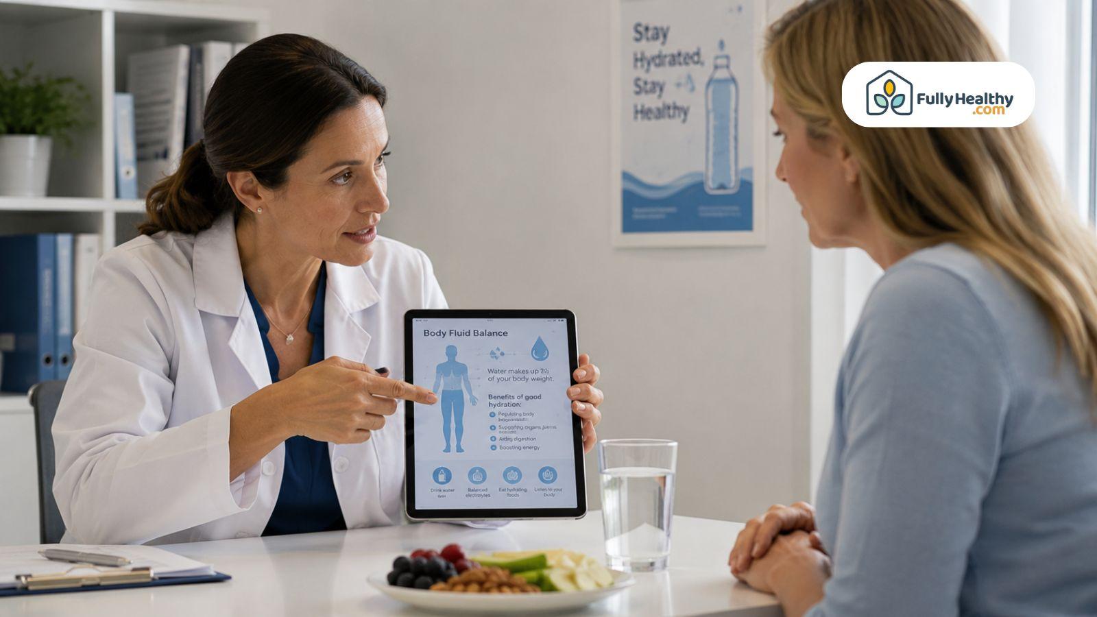 Doctor explaining body fluid balance and hydration during patient nutrition consultationz