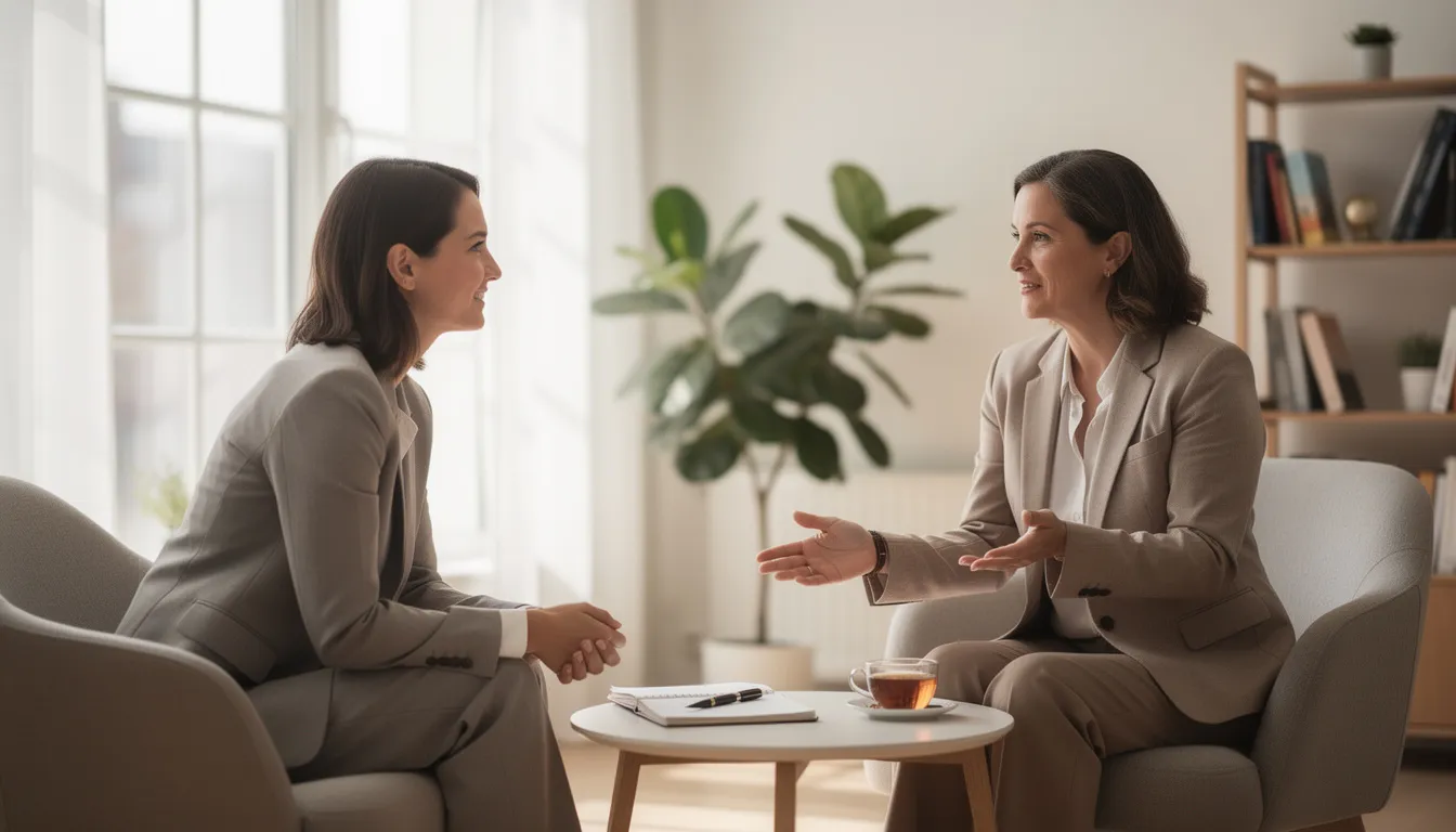 The image illustrates the concept of effective communication in coaching, highlighting essential coaching skills such as active listening and building rapport through non-verbal cues like facial expressions and gestures. It emphasizes the importance of adapting communication styles to foster a welcoming environment for personal development and deeper client connections.