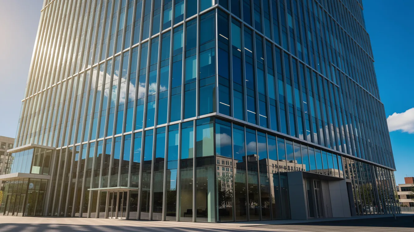 A modern office building stands tall with reflective windows that create a mirror effect, shimmering under the bright sunlight of a clear daytime. The glass film enhances daytime privacy, allowing those inside to enjoy a clear view while blocking outside visibility.