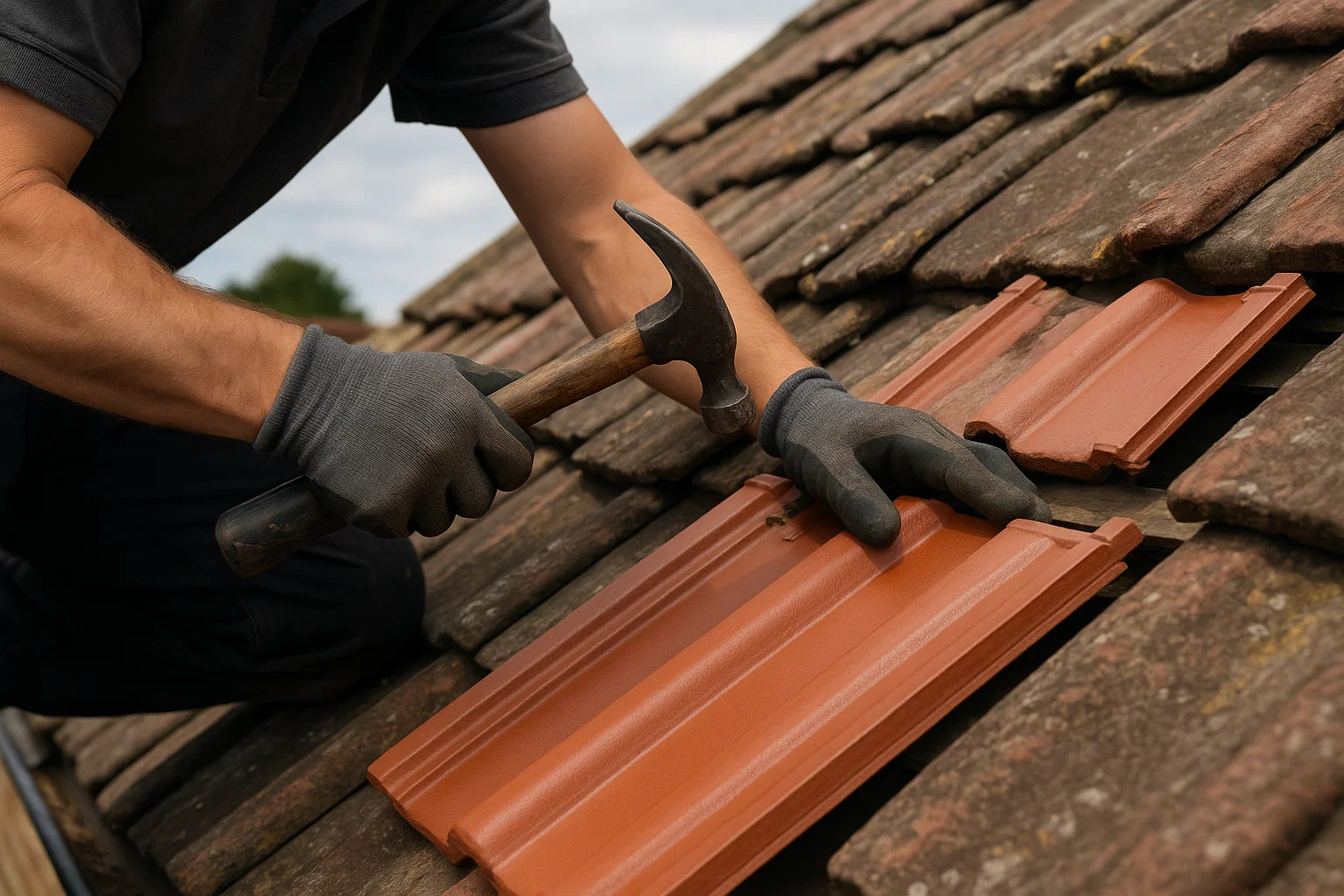 Roofer repairing broken clay tiles on a pitched UK roof with tools and replacement materials.