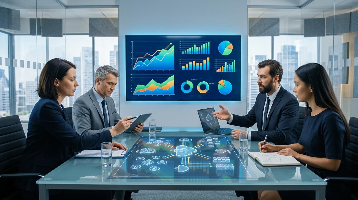 Business professionals evaluating cloud platform investment using abstract financial charts, cloud infrastructure, and virtual training environments.