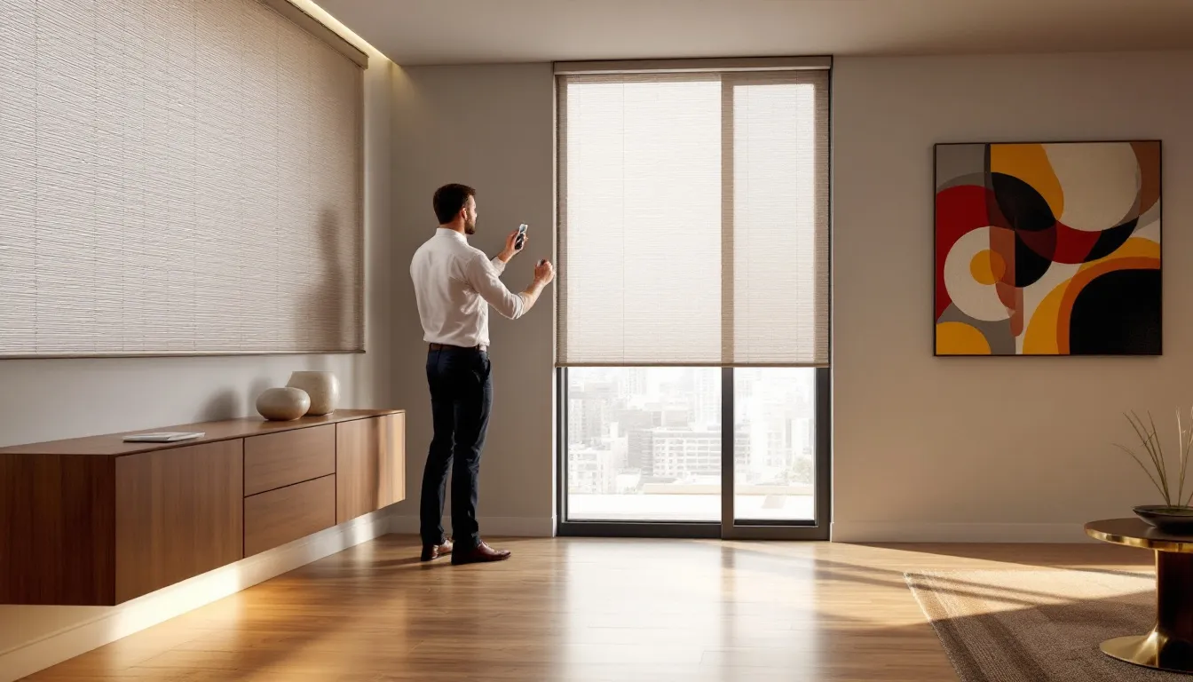 A professional installer setting up custom window treatments in a home.