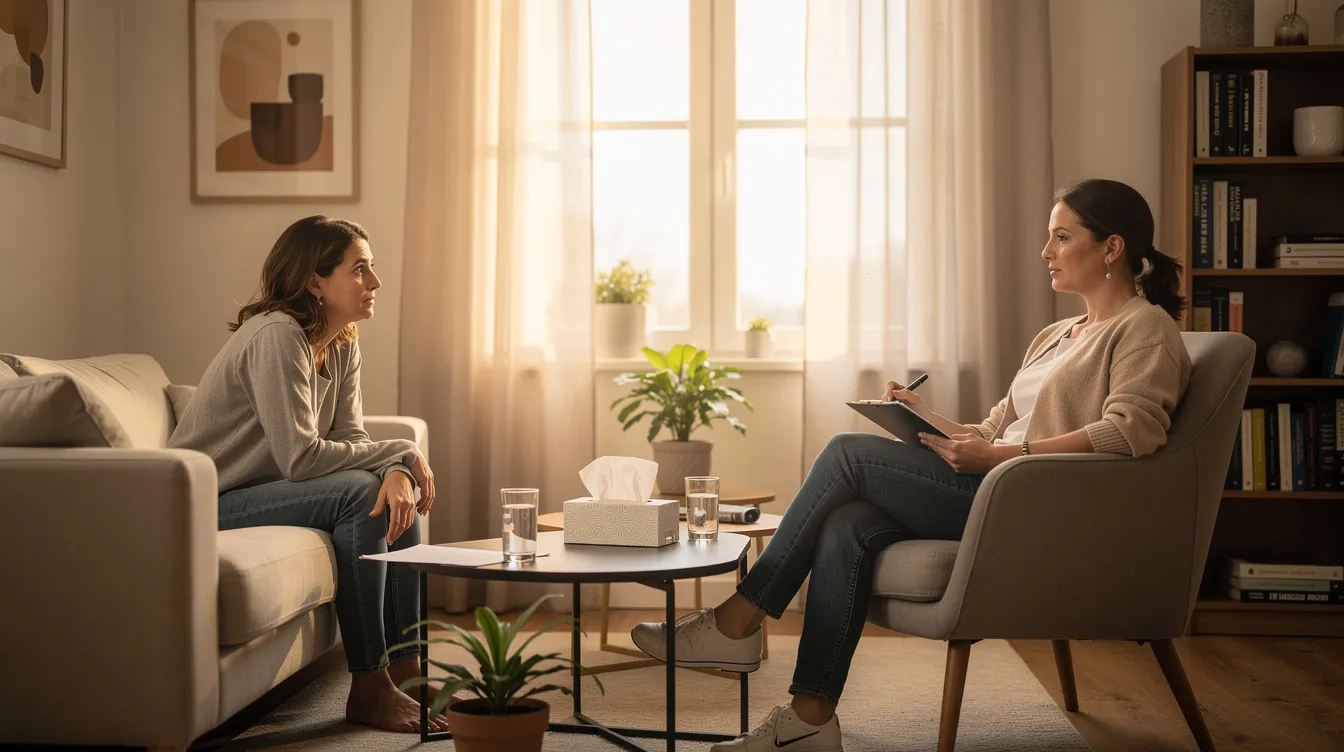 A therapist and a client are seated across from each other in a serene counseling room, engaging in talk therapy to address mental health conditions. The atmosphere is calm, promoting a safe space for discussing coping skills and mental health symptoms.