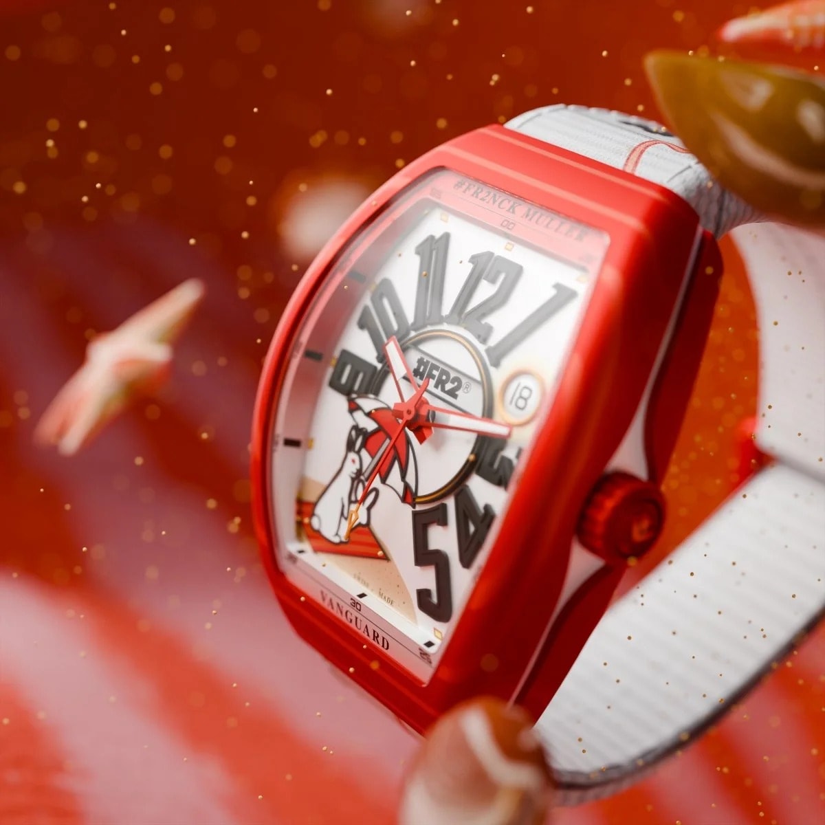 Franck Muller #FR2NCK MULLER Vanguard Beach Heatwave Red 2025, Ref. V 41 SC DT BEACH FR2 RGF RG GF BLC NR (BLC) — tampak depan