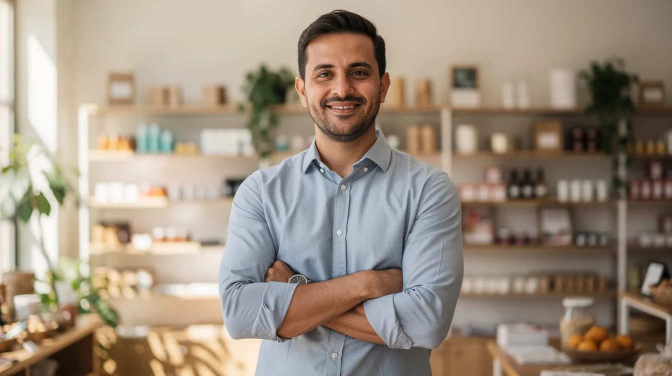 The image depicts a confident small business owner standing proudly, symbolizing success after securing financing on behalf of their business. Their expression reflects a sense of accomplishment and control, highlighting the importance of communication and support in navigating the world of small business loans.
