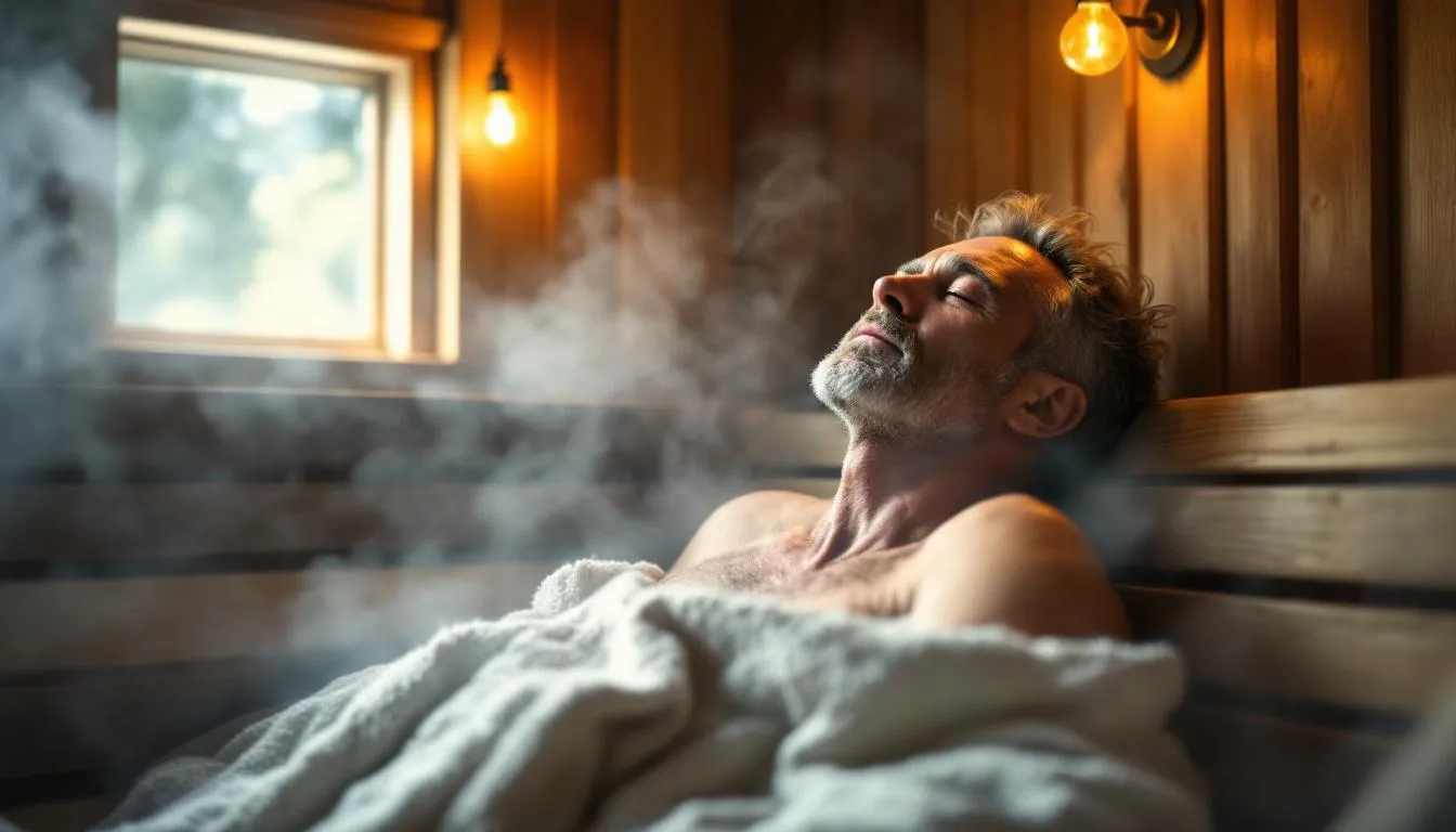 A tired middle-aged man is dozing off in an infrared sauna, surrounded by warm wooden benches. The sauna session promotes muscle relaxation and may improve sleep quality, offering various health benefits such as reducing stress and enhancing cardiovascular health.