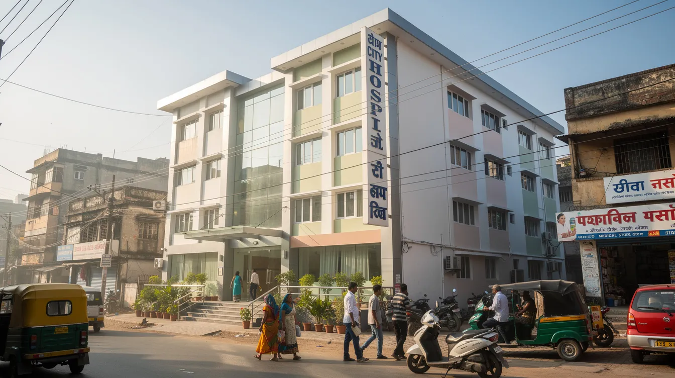 3cbbe491 ccef 407b a51d 24b8f404e1f8 The image depicts a modern small hospital building located in an Indian city, showcasing a clean and contemporary exterior design. This healthcare facility represents advancements in medical science and healthcare services, aiming to improve healthcare access for the community.