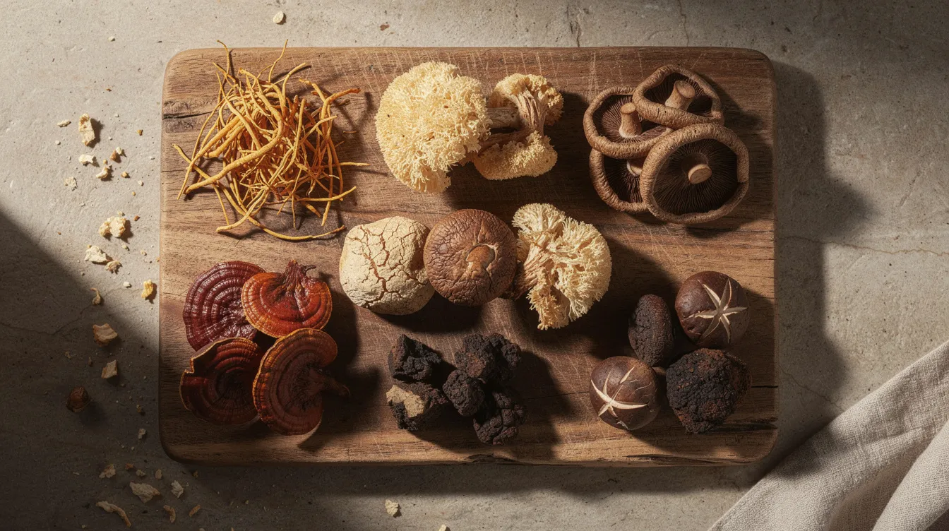 The image features a variety of dried medicinal mushrooms, including lion's mane, shiitake, maitake, and turkey tail, artfully arranged on a rustic wooden cutting board. These organic mushrooms are known for their potential health benefits, such as supporting immune function and improving cognitive function, making them popular choices in dietary supplements and traditional medicine.