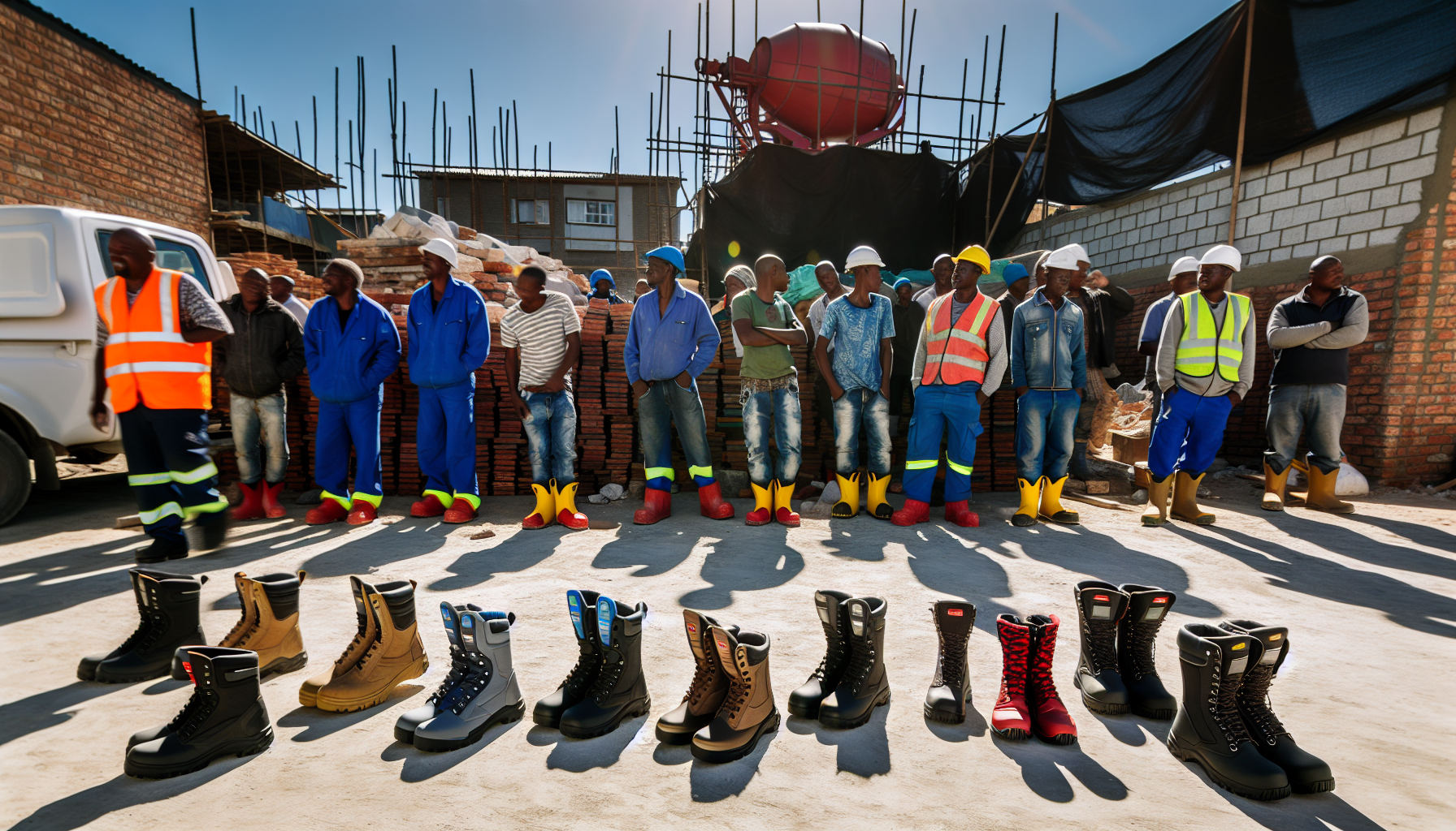 Workers in safety footwear at a construction site