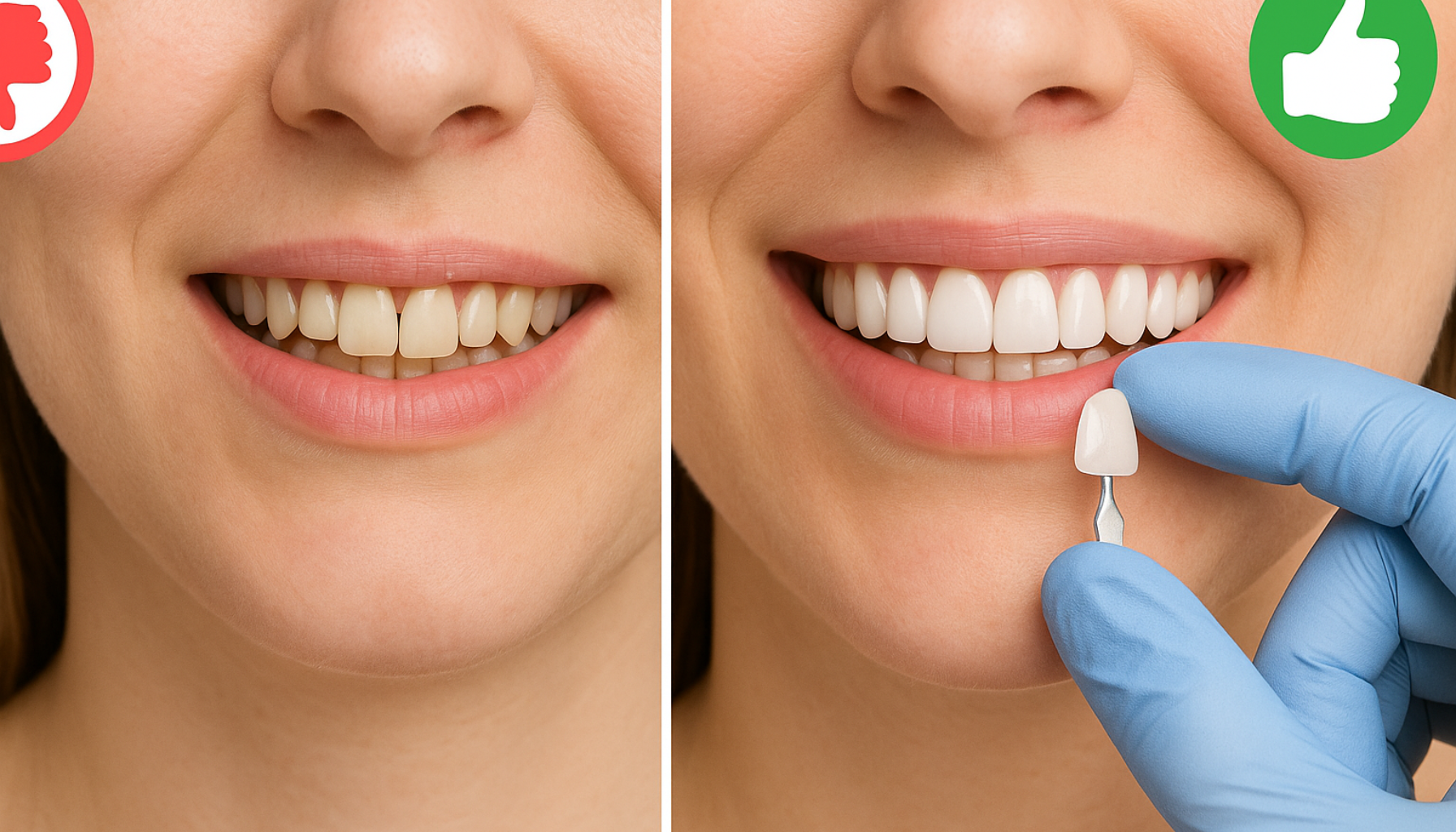 Fordeler Og Ulemper med Skallfasetter Uten Sliping 18 Kvinne viser smil før og etter skallfasetter uten sliping, med tannlege som holder en tynn fasettplate.