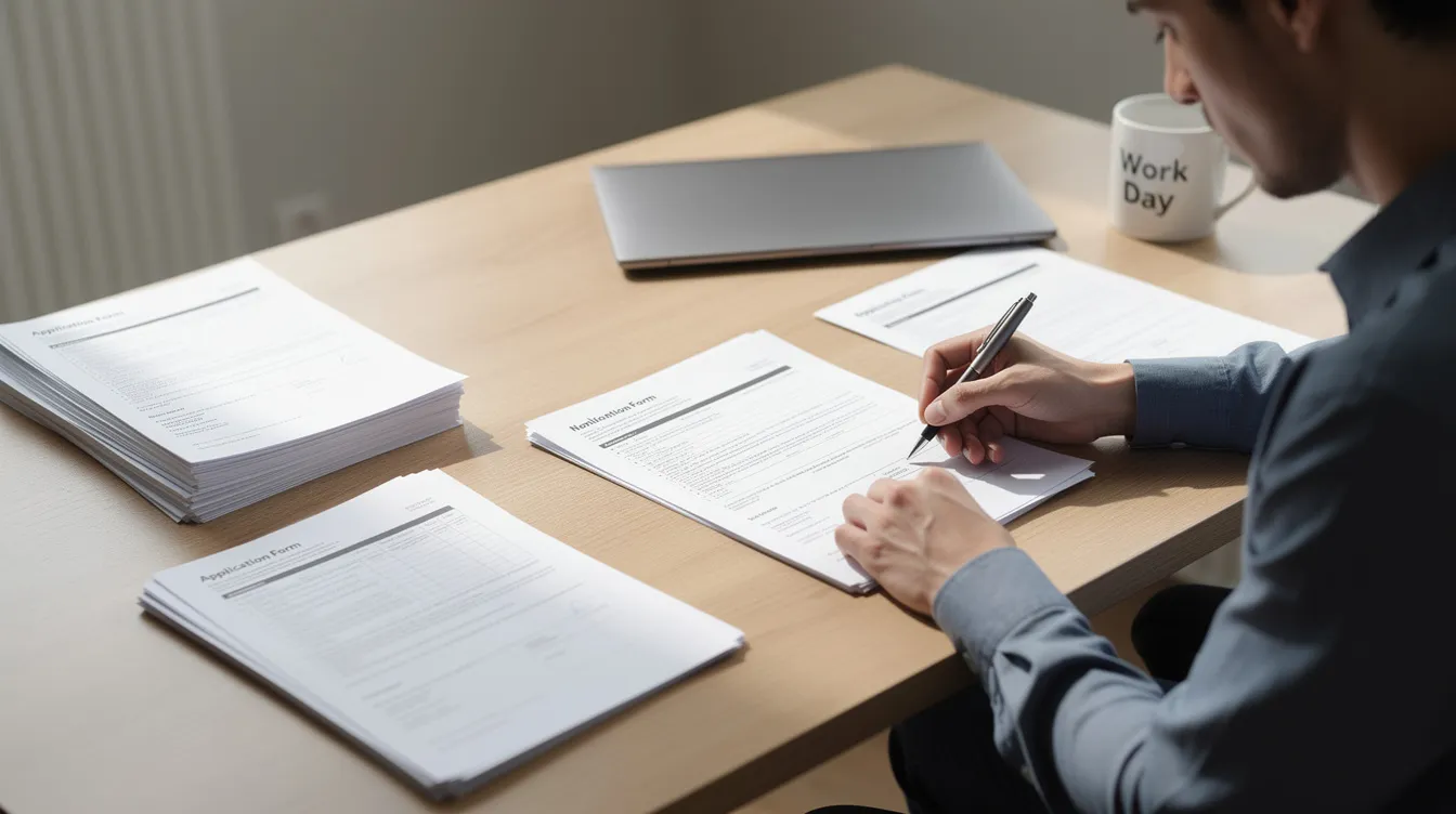 A person is seated at a desk, diligently filling out paperwork related to a workers compensation claim, which may include details about their work-related injury and medical expenses. This process is crucial for injured workers seeking to receive workers compensation benefits and cover lost wages.