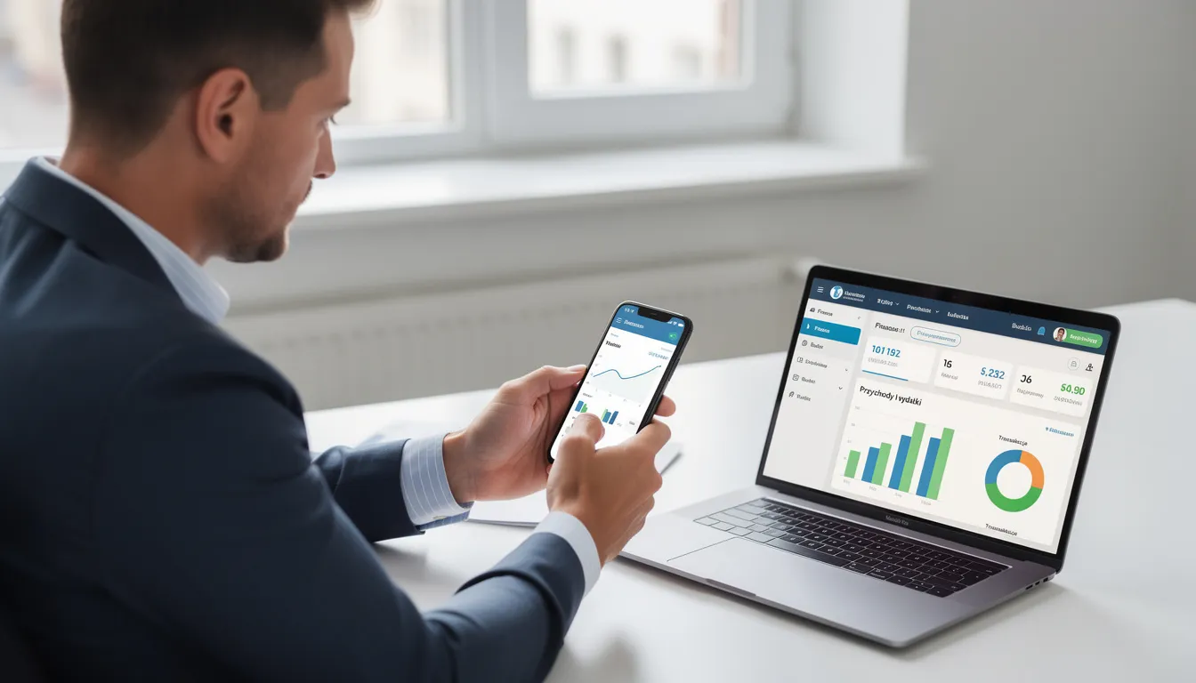 Na zdjęciu widać przedsiębiorcę korzystającego ze smartfona, który zarządza finansami swojej firmy, analizując płynność finansową oraz terminy płatności faktur. Używa on nowoczesnych narzędzi do monitorowania wierzytelności, co pozwala mu na szybkie finansowanie bieżących wydatków i unikanie zatorów płatniczych.