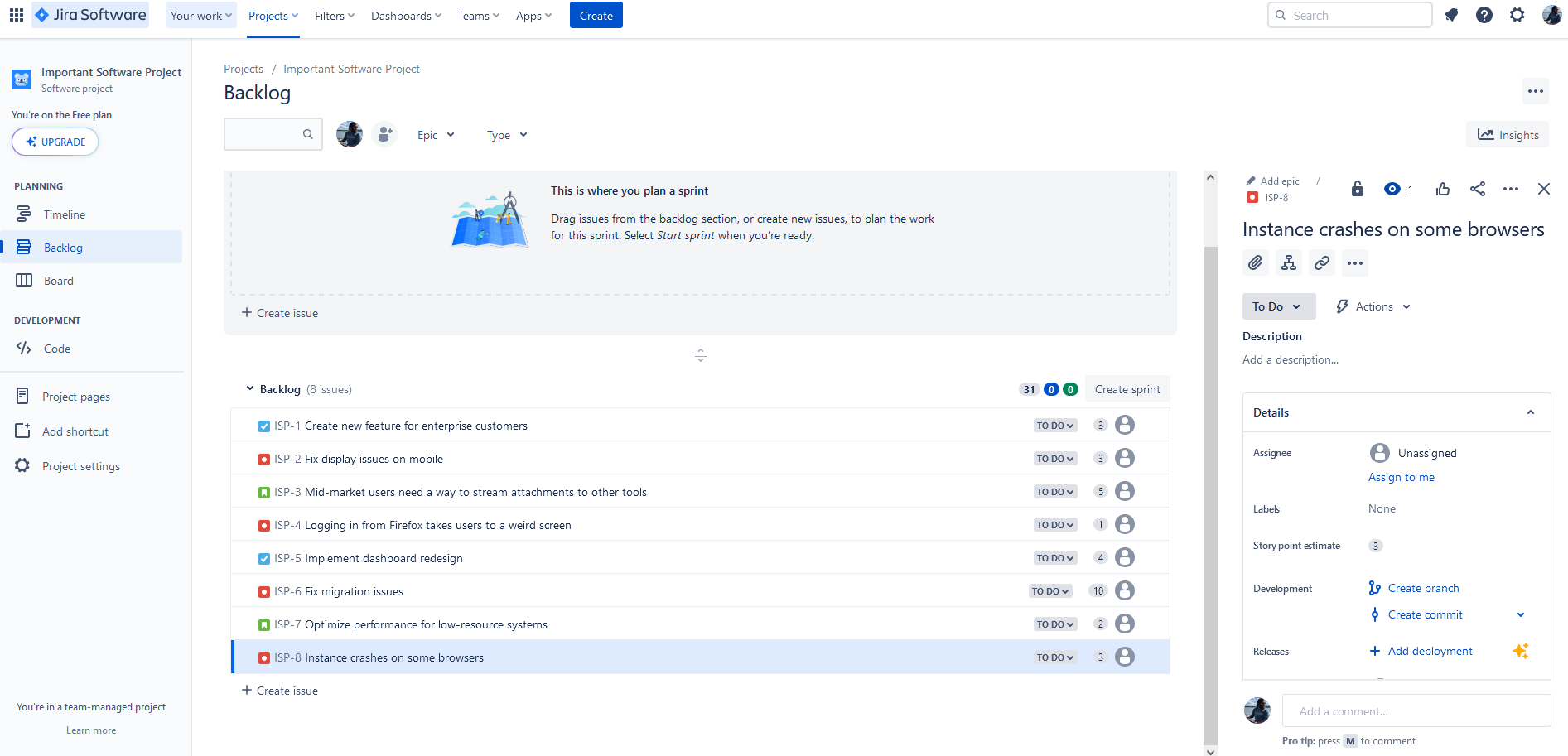 A screenshot of the backlog screen in a Jira project using the Scrum template.