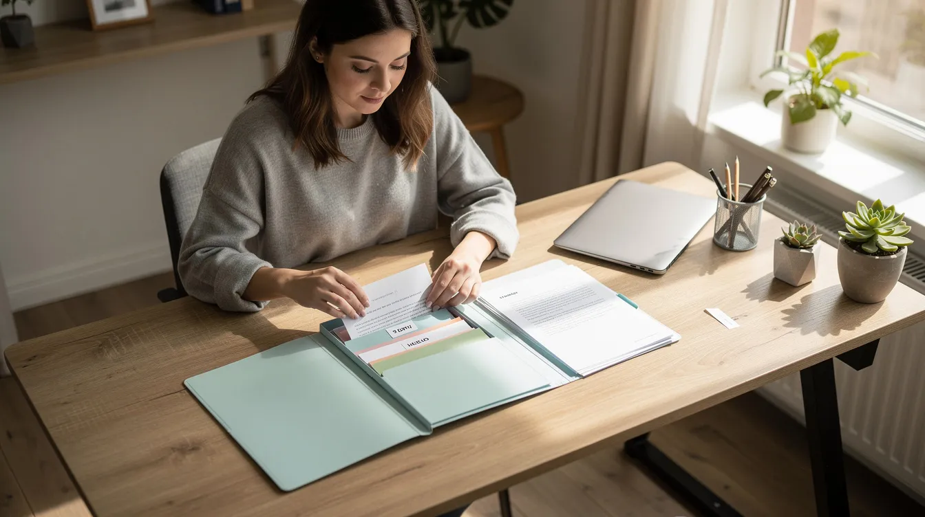 3cc7a249 3edd 49c0 94c0 aa072dbee2f4 A person is organizing paper documents in a neat folder at a home desk, which includes various paperwork related to business loans and financial assistance, likely for a micro enterprise. The setting suggests a focus on preparing necessary documents for applying for loans under the Pradhan Mantri Mudra Yojana, emphasizing the importance of a satisfactory credit track record and business plan.