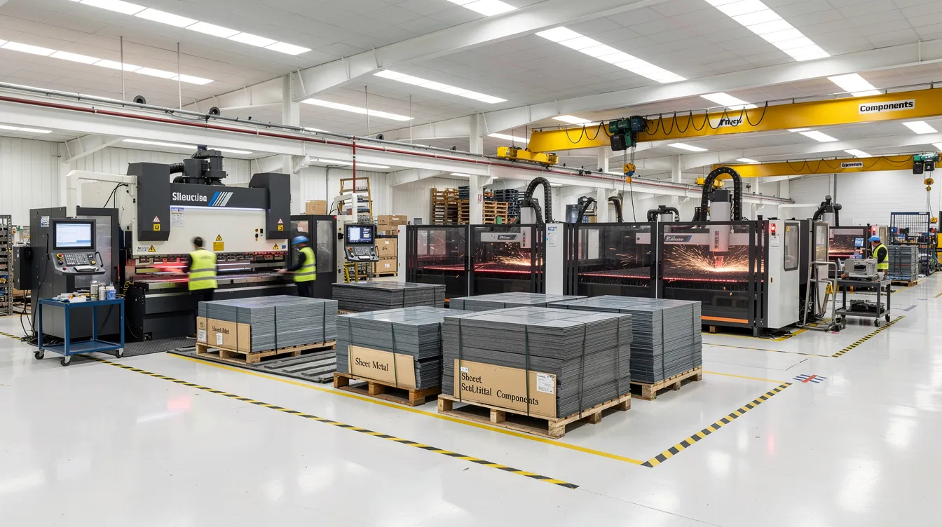 The image depicts a modern sheet metal fabrication factory floor bustling with activity, showcasing CNC machines and laser cutters in operation, highlighting advanced technology and precision sheet metal fabrication processes. Various sheet metal components and custom metal parts are being produced, emphasizing the factory's capabilities in high volume and high precision manufacturing.