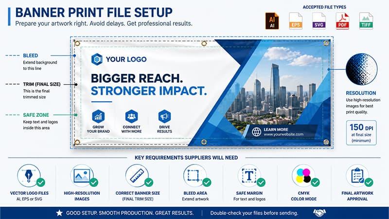 Banner artwork setup showing bleed area, safe zone, trim size, file types and resolution requirements