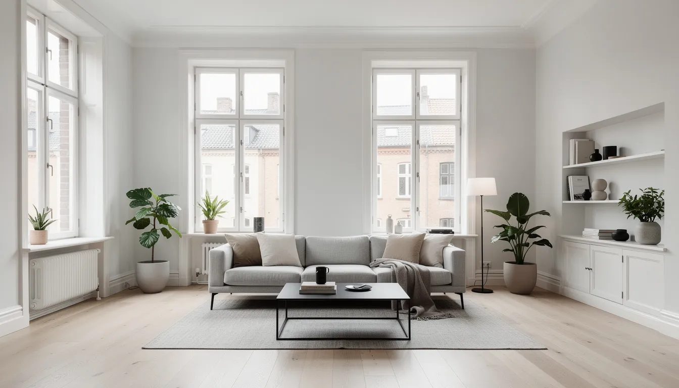 Billedet viser en lys og nyistandsat stue i en københavnsk lejlighed, hvor væggene er malet hvide og indretningen er moderne med stilfulde møbler. Stuen udstråler et flot og professionelt resultat, perfekt til dem, der søger en professionel maler i København til indvendig maling.