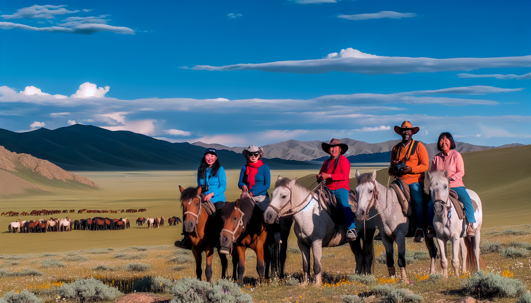 A group of travelers on horseback exploring the beautiful landscapes of Mongolia during one of the best 10 Mongolia tours.