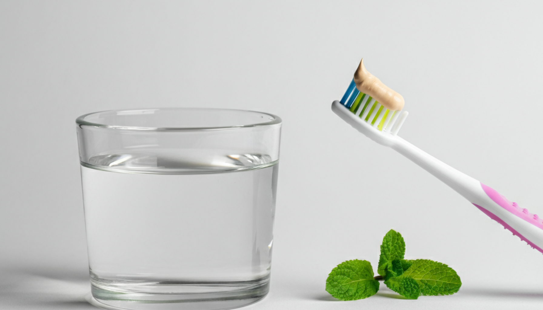 Tannbleking: Få hvitere tenner på en trygg måte 20 En tannbørste med tannkrem, et glass vann og et friskt mynteblad på en ren, hvit bakgrunn."
