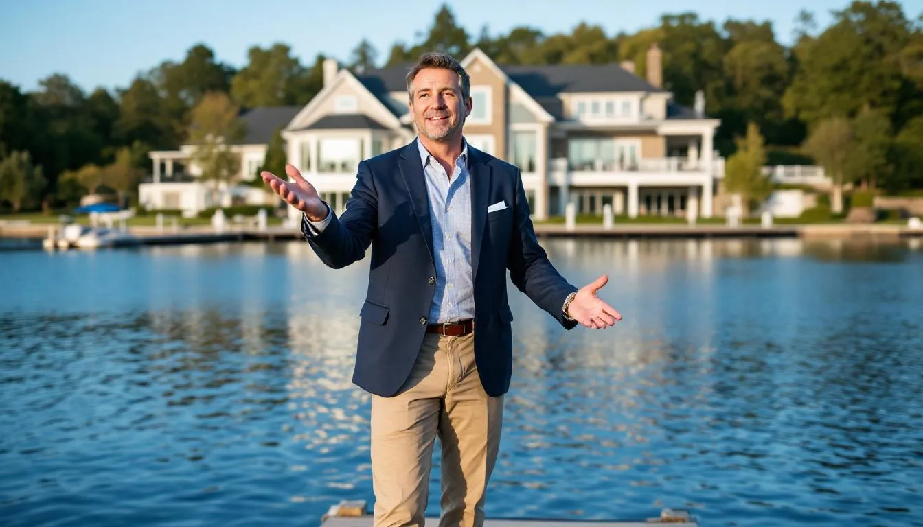 A real estate professional is enthusiastically showcasing the features of a waterfront property to potential buyers in North Fort Myers, highlighting the beautiful views of the lake and discussing the homes for sale in the Waterway Estates community. The scene captures the engaging interaction between the agent and buyers, emphasizing accessibility and the appeal of North Fort Myers neighborhoods.