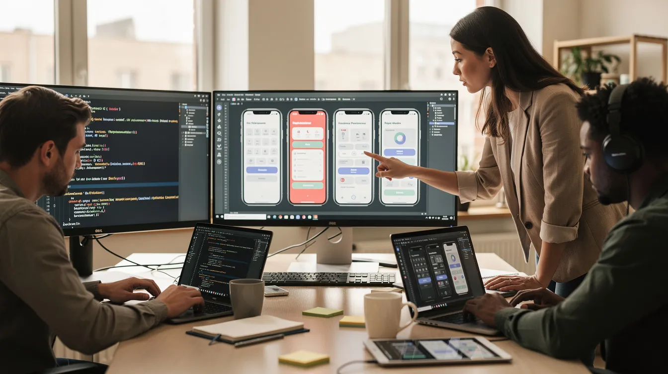 Une équipe de développeurs travaille sur du code et des maquettes d'application mobile.
