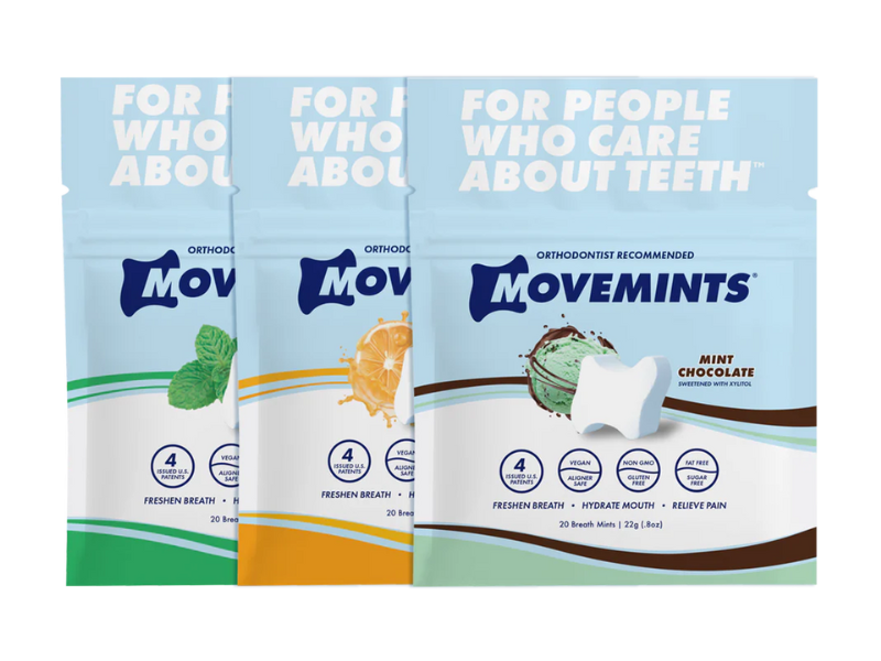 An image of the three flavors of Movemints, designed for aligners and retainers.