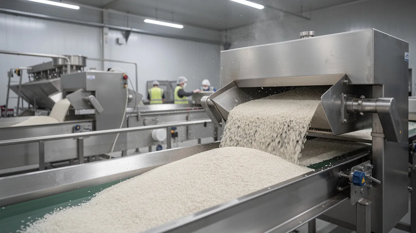 The image depicts an industrial production line in a factory where rice grains are processed through metal machinery, showcasing the puffing process that transforms raw rice kernels into puffed rice, a popular snack food in the Indian subcontinent. The machinery is designed for high efficiency, highlighting the manufacturing business within the puffed rice industry.
