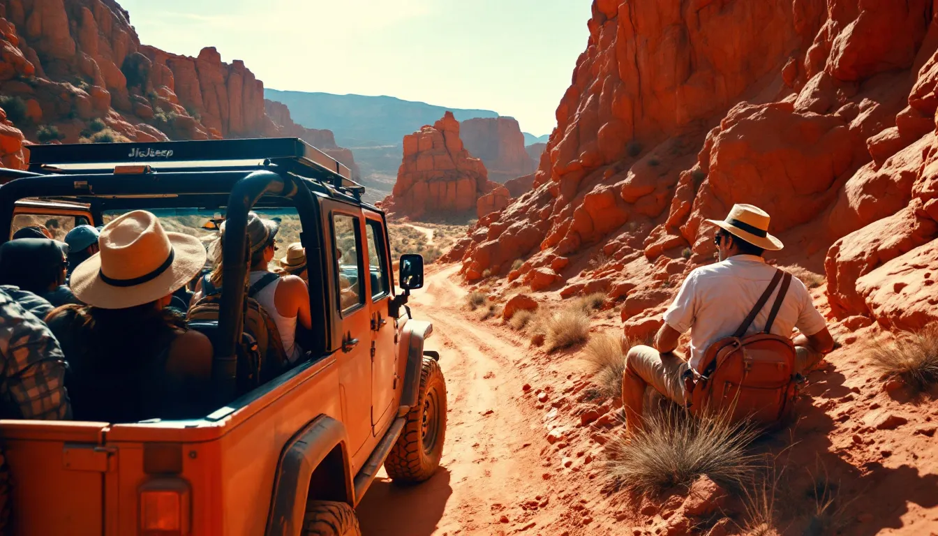 A group of tourists enjoying a Moab jeep tour amidst breathtaking scenery.